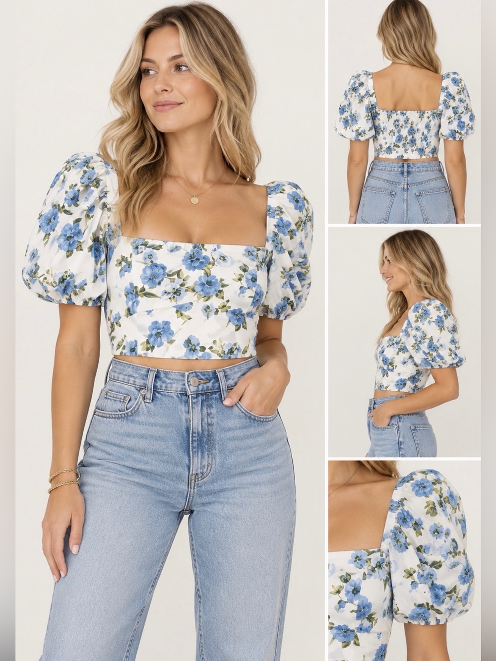 Zara White Crop Top with Blue Floral Print and Puff Sleeves - Picture 1 of 5